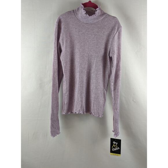Art Class Lettuce Edge Mock Neck Top Light Purple M Ribbed Long Sleeves Sweater - Picture 2 of 6